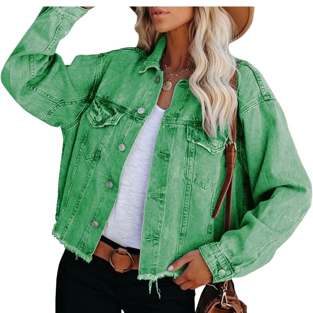 Women's Jean Jacket Frayed Washed Button Up Cropped Jacket Size: M Color: Green